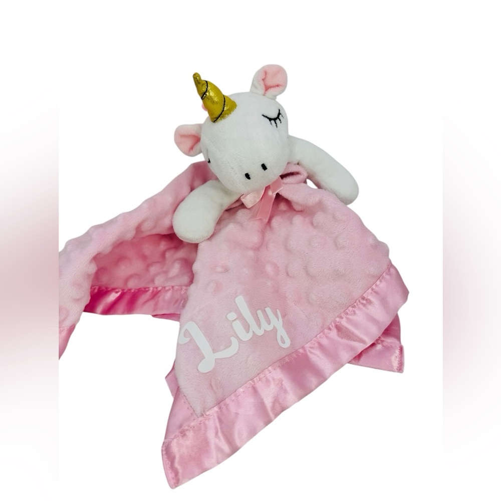 Pink Unicorn Baby Lovey Minky Dot Satin Security Blanket Pro Goleem PERSONALIZED